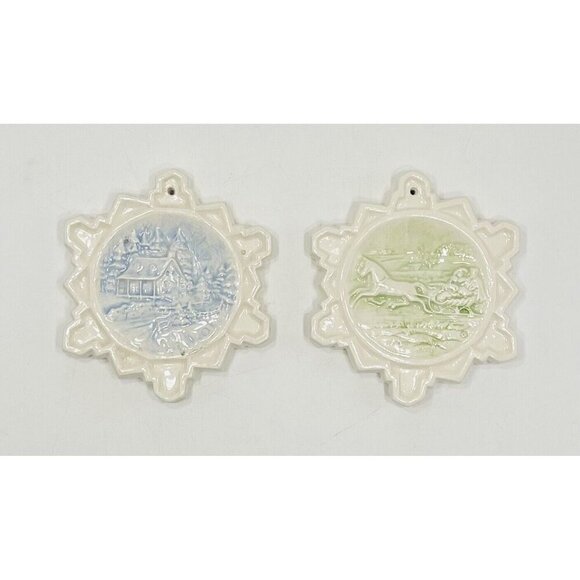 Set of 2 Vintage Snowflake Ornaments Ceramic Winter Scenes 3D Duncan 3.5” White - Picture 1 of 10